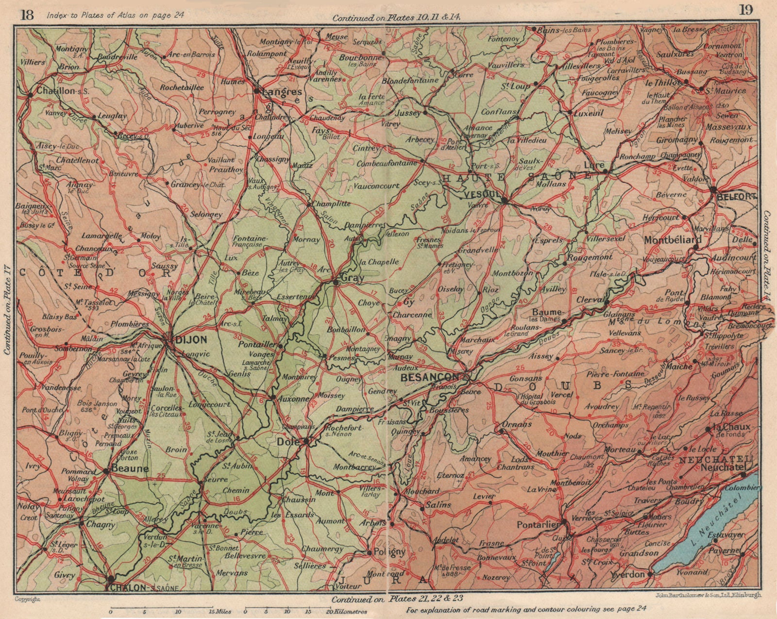 CÔTE D'OR HAUTE-SAÔNE DOUBS JURA Dijon Besancon Belfort Neuchatel 1930 old map